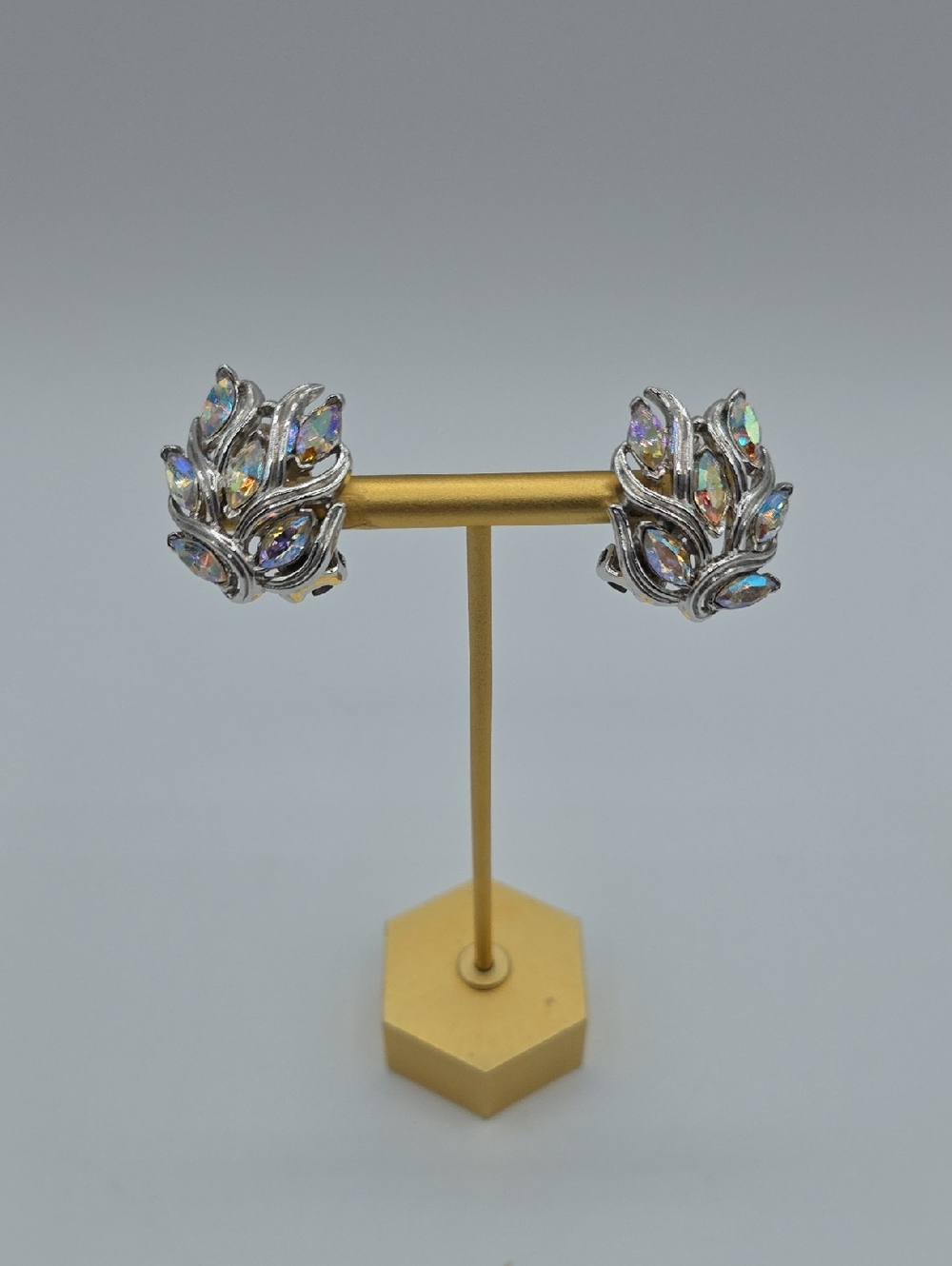 Crown Trifari Silver Iridescent Leaf Crystal Clip-on Earrings